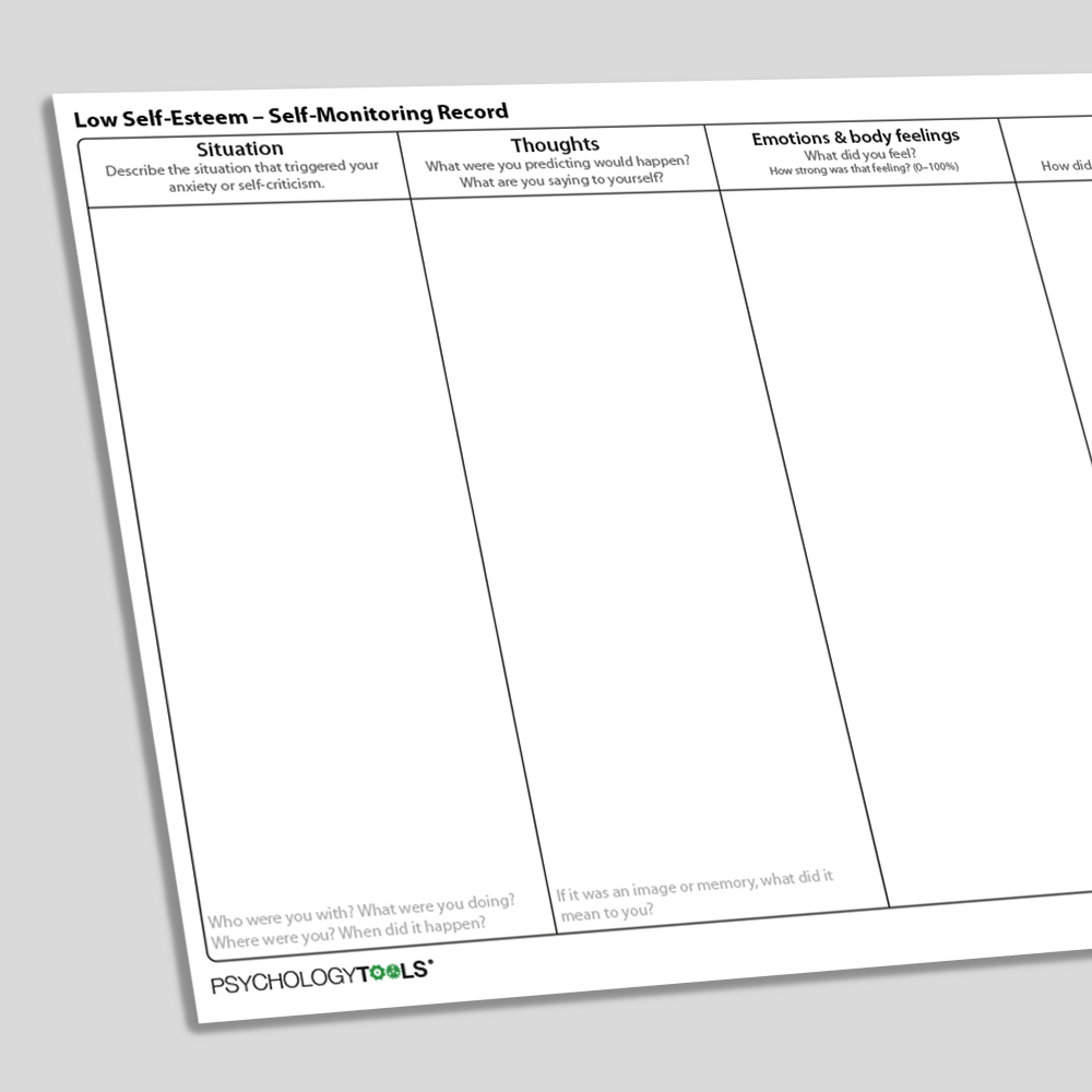 Low Self-Esteem - Self-Monitoring Record CBT Worksheet