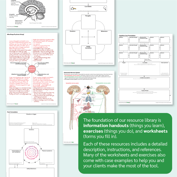 The foundation of our resource library is information handouts (things you learn), exercises (things you do), and worksheets (forms you fill in). Each of these resources includes a detailed description, instructions, and references. Many of the worksheets and exercises also come with case examples to help you and your clients make the most of the tool.
