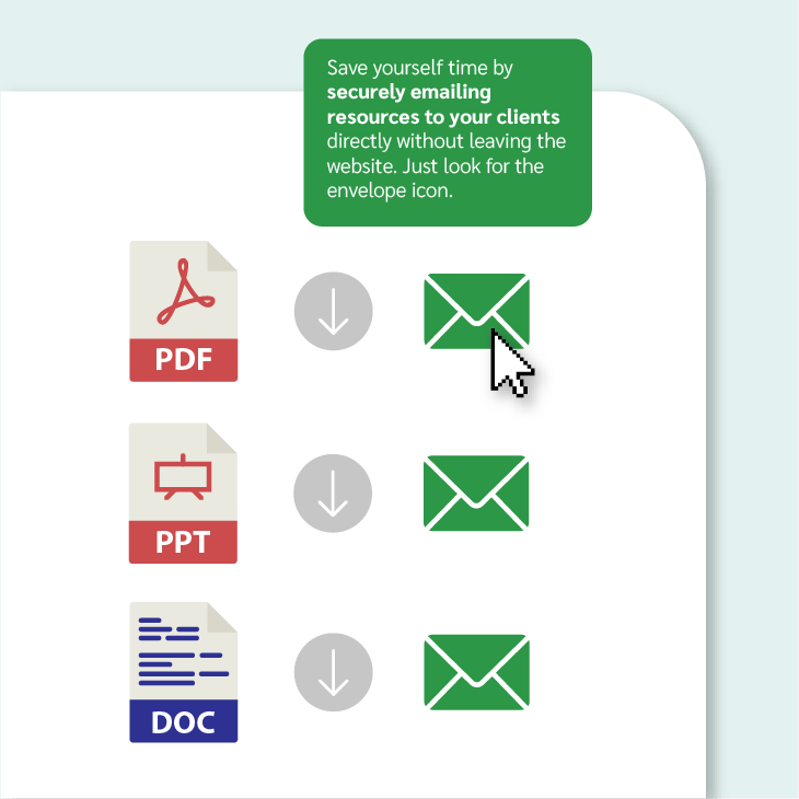 Save yourself time by securely emailing resources to your clients directly without leaving the website. Just look for the envelope icon.